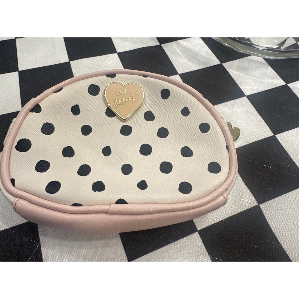 Betsey Johnson XOX Betsey Polka Dot Cosmetic Bag Pink Cream Heart Logo Pouch